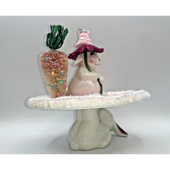 Vintage Ceramic Bunny Sitting on Cake Stand Bottle Brush Carrott Tree Flower Hat - Picture 9 of 16
